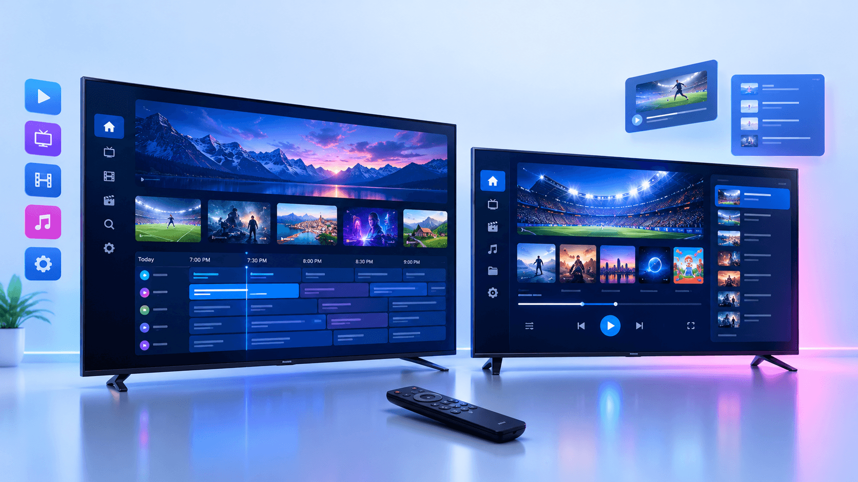 Two smart TVs showing a streaming player app with a TV guide and live sport, with a remote control in front