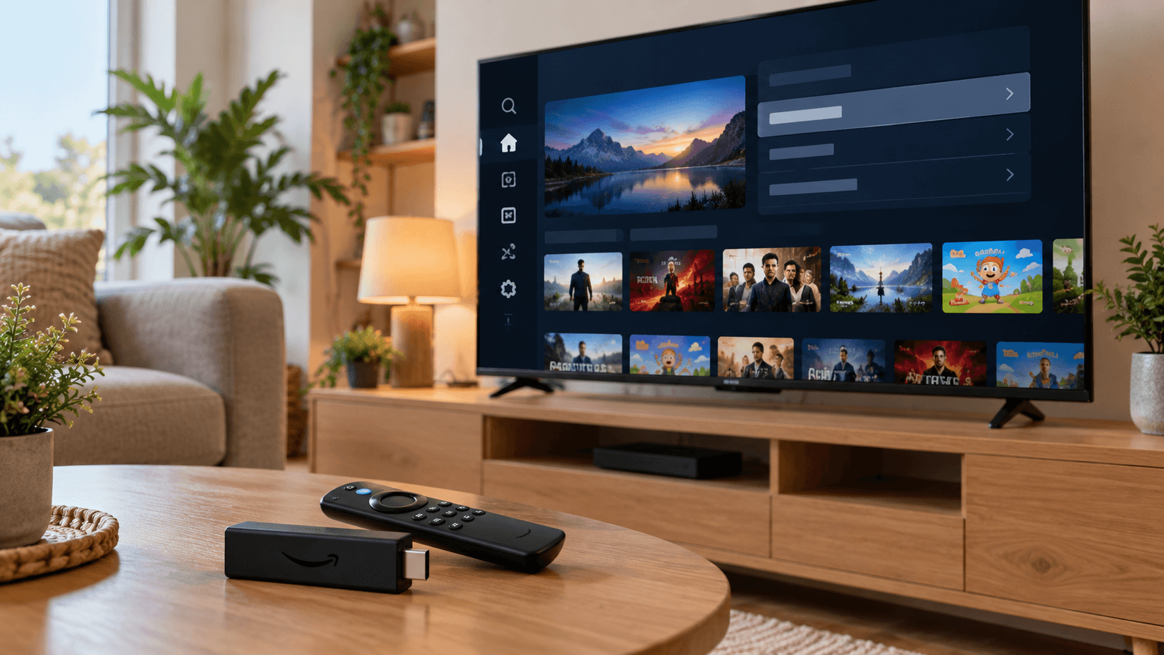 A Fire TV Stick and its remote on a coffee table in front of a smart TV showing a streaming app