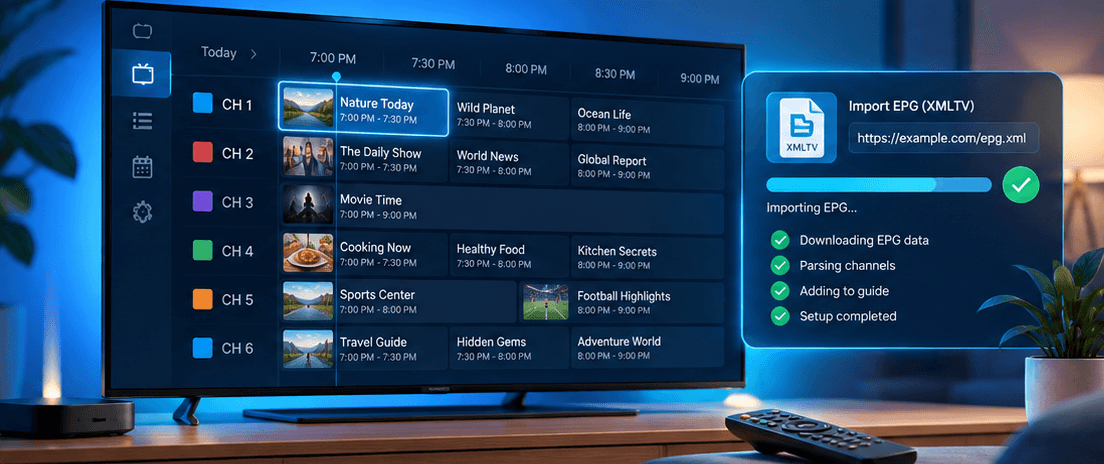 A TV programme guide on screen next to an Import EPG (XMLTV) panel showing the guide data downloading and setup completed