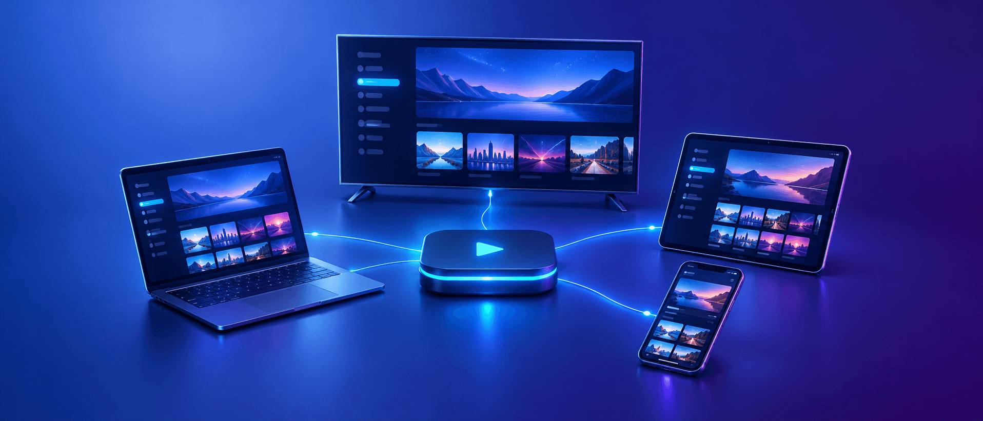 A TV, laptop, tablet and phone all streaming from one central streaming box