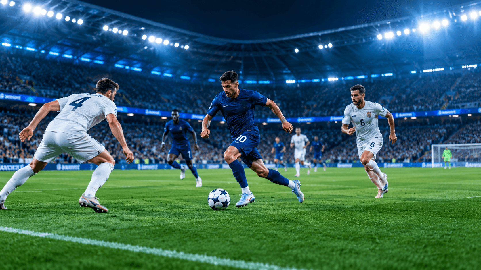Football player in a navy kit dribbling past defenders in a floodlit stadium at night