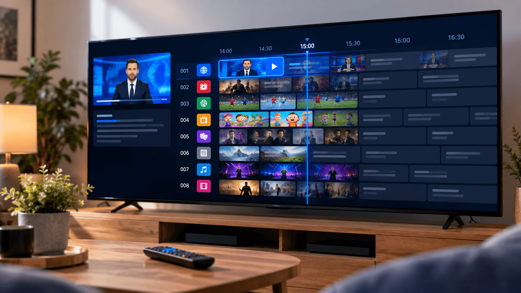 A smart TV showing an IPTV programme guide grid with numbered channels, time slots and a live news preview