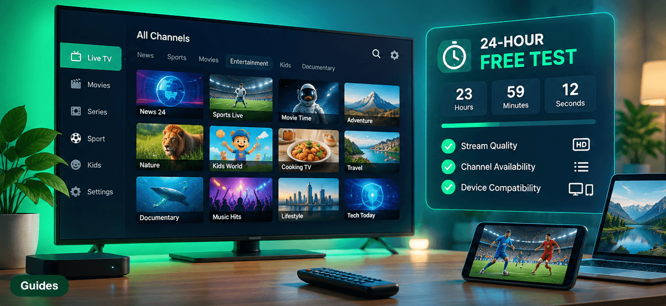 A TV showing an IPTV channel menu next to a 24-hour free test countdown checking stream quality, channel availability and device compatibility